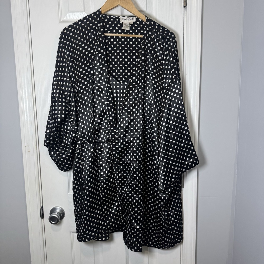 Vintage Cacique Gown Robe Set M/L Robe Black White Polka Dot 2 Pc Satin